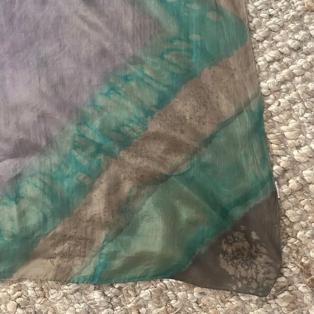 100% Silk Hand Rolled Square Scarf Green Taupe Abstract Watercolor 30x30